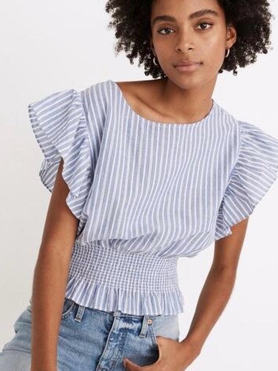 Madewell Tops - Madewell Stripped Flutter Sleeve Light Blue & White Smock Top, size M